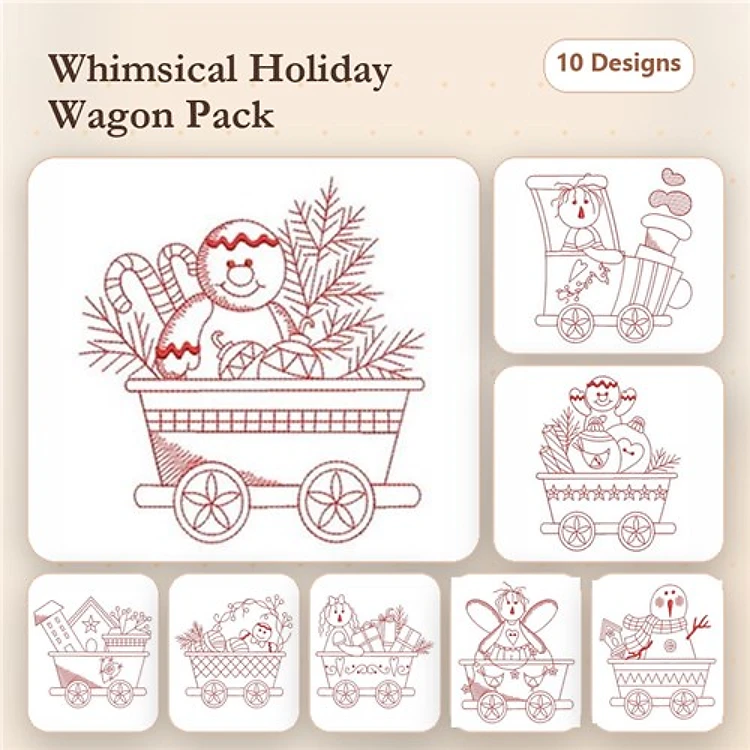 Redwork Whimsical Holiday Wagon Embroidery Bundle – Gingerbread Man, Snowman, Christmas Tree & More (10 Designs)