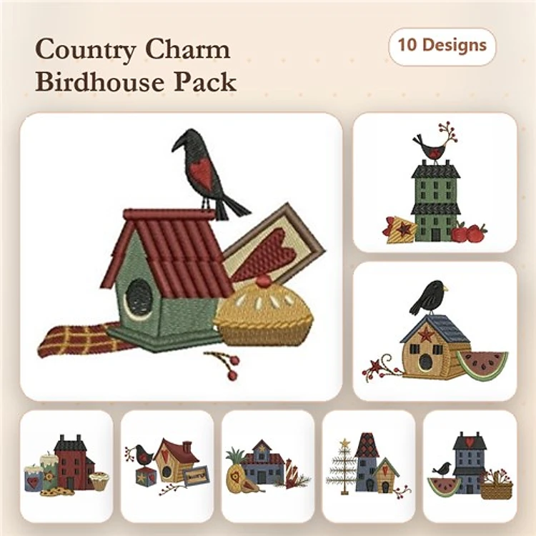 Birdhouses & Birds Embroidery Bundle – Charming Birdhouse with Red Roof, Watermelon Birdhouse & More (10 Designs)