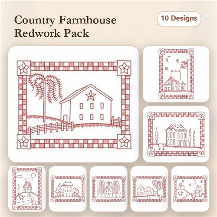 Redwork Country Farmhouse Scenes Embroidery Bundle – Farmhouse with Star, Barn Scene, Moonlit Farm & More (10 Designs)