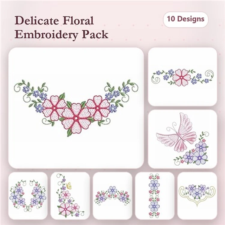 Rippled Delicate Floral Embroidery Designs Bundle – Flower Cluster, Floral Border with Butterfly, & More (10 Designs)