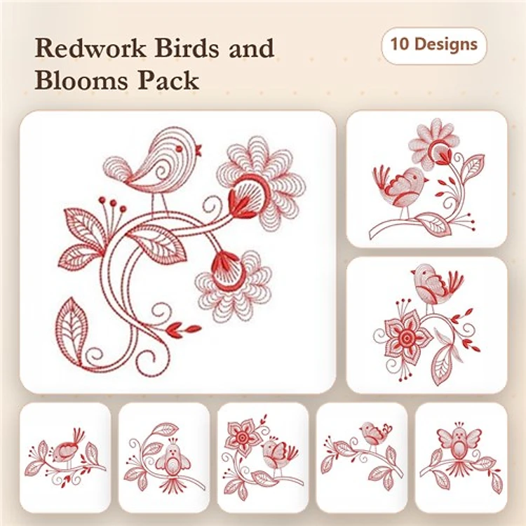 Redwork Birds and Blooms Embroidery Designs Bundle – Redwork Bird with Flowers, Redwork Flower Arrangement & More (10 Designs)