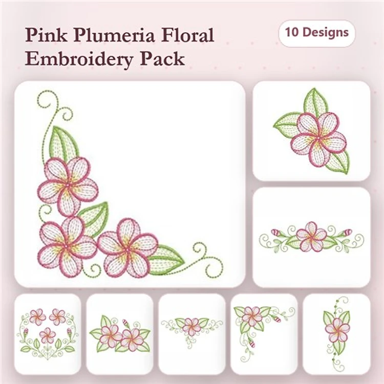 Rippled Floral Embroidery Bundle – Plumeria Flower Cluster, Floral Corner, Decorative Swirl & More (10 Designs)