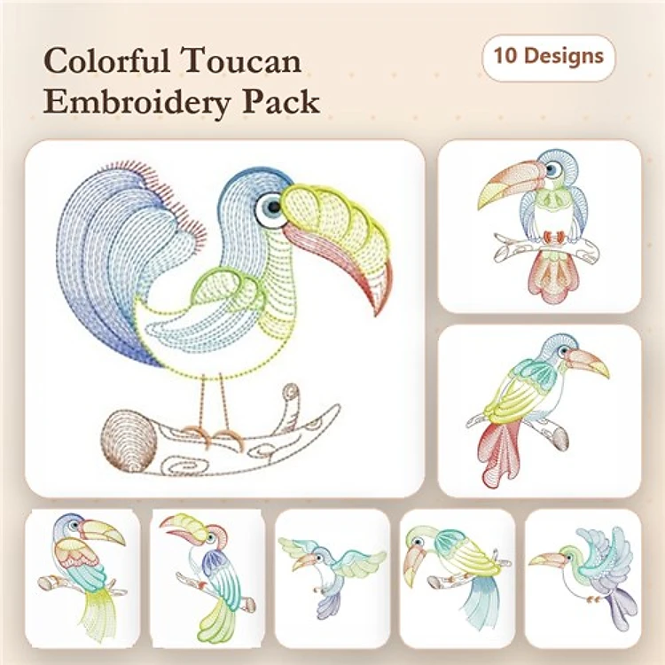 Rippled Colorful Toucan Embroidery Designs Bundle – Toucan on Branch, Flying Toucan, Toucan with Fruit & More (10 Designs)