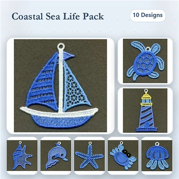 FSL Coastal Sea Life Embroidery Bundle – Sailboat, Turtle, Lighthouse, Dolphin & More (10 Designs)