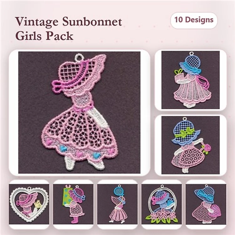 FSL Vintage Sunbonnet Girls Embroidery Bundle – Sunbonnet Girl Holding Flowers, Sunbonnet Girl with Basket & More (10 Designs)