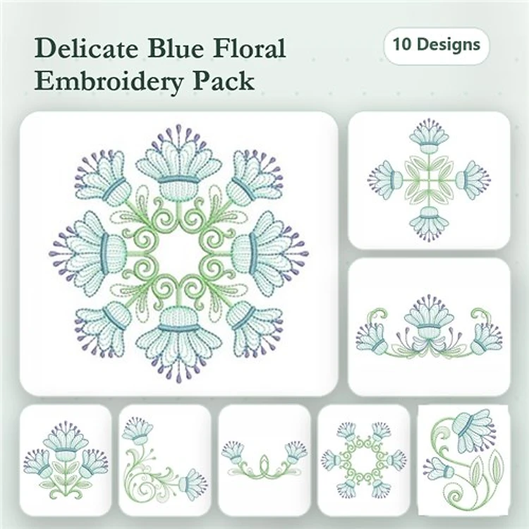 Rippled Delicate Blue Floral Embroidery Bundle – Floral Motif, Circular Arrangement, Border & More (10 Designs)