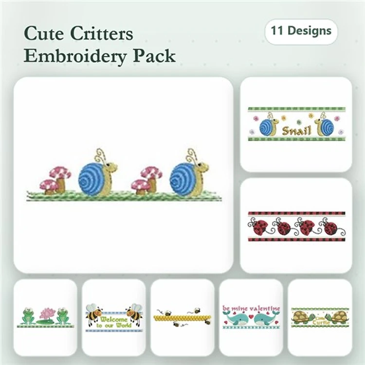 Cute Critters Embroidery Designs Bundle – Snail, Ladybug, Bee, Mushroom & More (11 Designs)