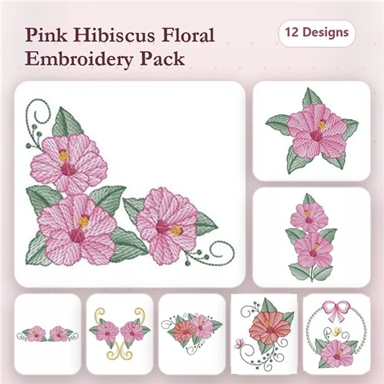 Rippled Hibiscus Flowers Embroidery Bundle – Single Pink, Flower Spray, Border & More (12 Designs)