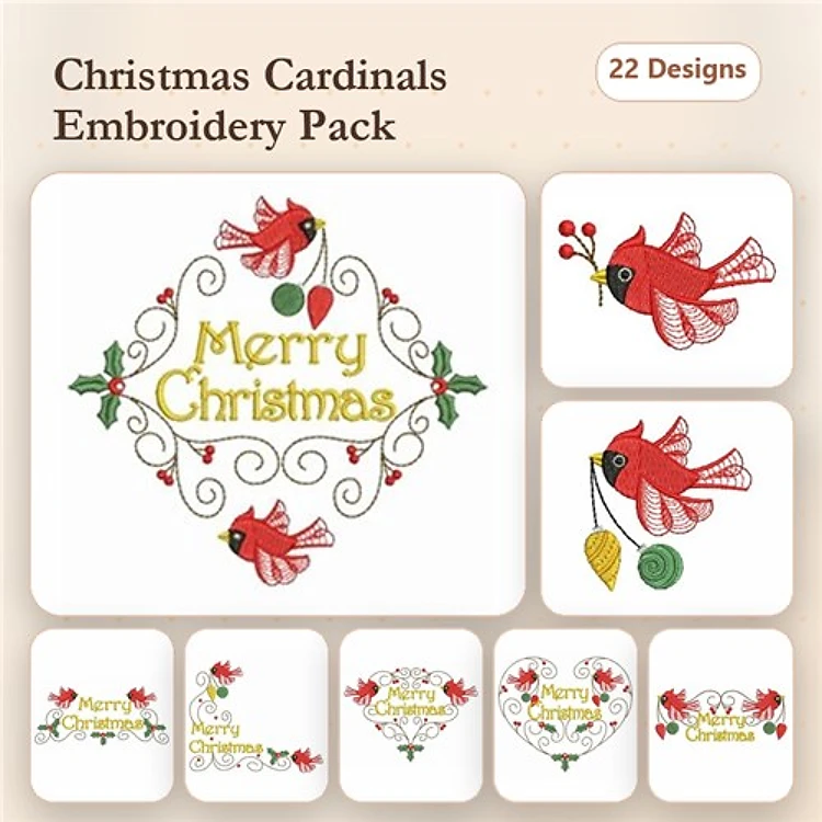 Christmas Cardinal Embroidery Designs Bundle – Cardinal with Merry Christmas, Cardinal with Leaves, Cardinal with Berries & More (22 Designs)