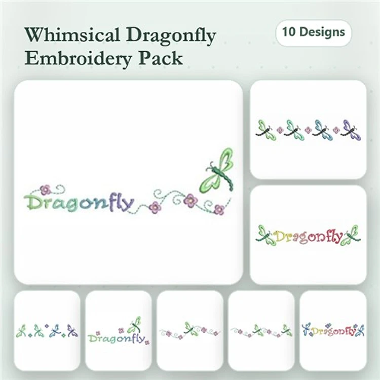 Dragonfly & Floral Embroidery Designs Bundle – Whimsical Dragonfly Text, Flower Dragonfly, Colorful Dragonfly & More (10 Designs)