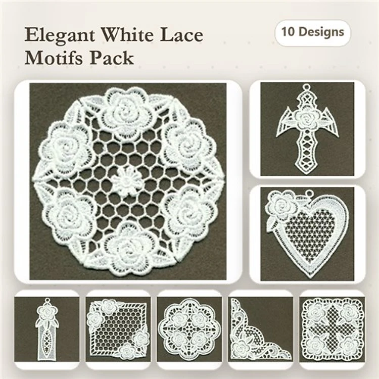 FSL Elegant Lace Embroidery Bundle – Flower Motif, Cross Ornament, Heart with Rose & More (10 Designs)