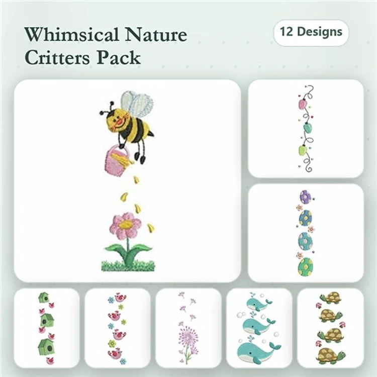 Bumblebee & Critters Embroidery Designs Bundle – Flower, Whale, Frog, Turtle & More (12 Designs)