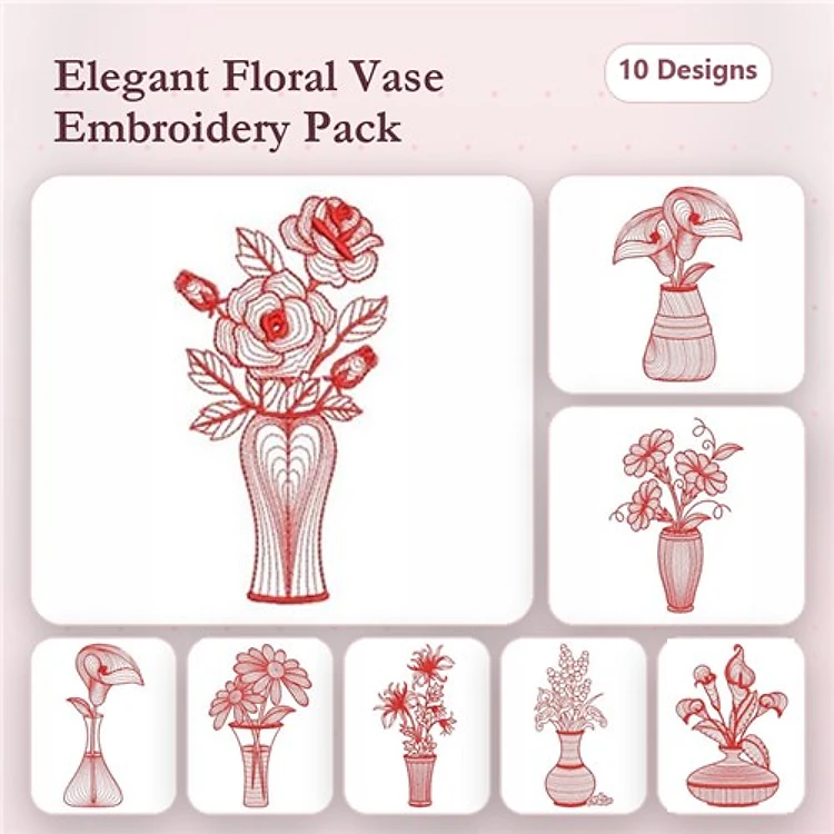 Redwork Floral Vase Embroidery Designs Bundle – Elegant Floral Vase with Roses, Tall Floral Vase, Vase with Lilies & More (10 Designs)