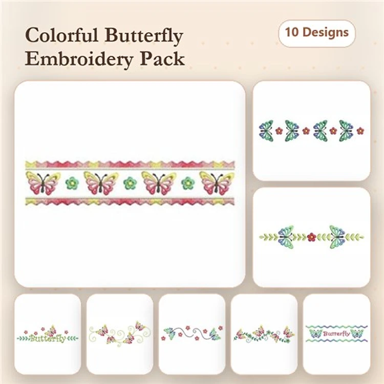 Colorful Butterfly Embroidery Designs Bundle – Butterfly Border, Floral Butterfly, Butterfly with Flowers & More (10 Designs)