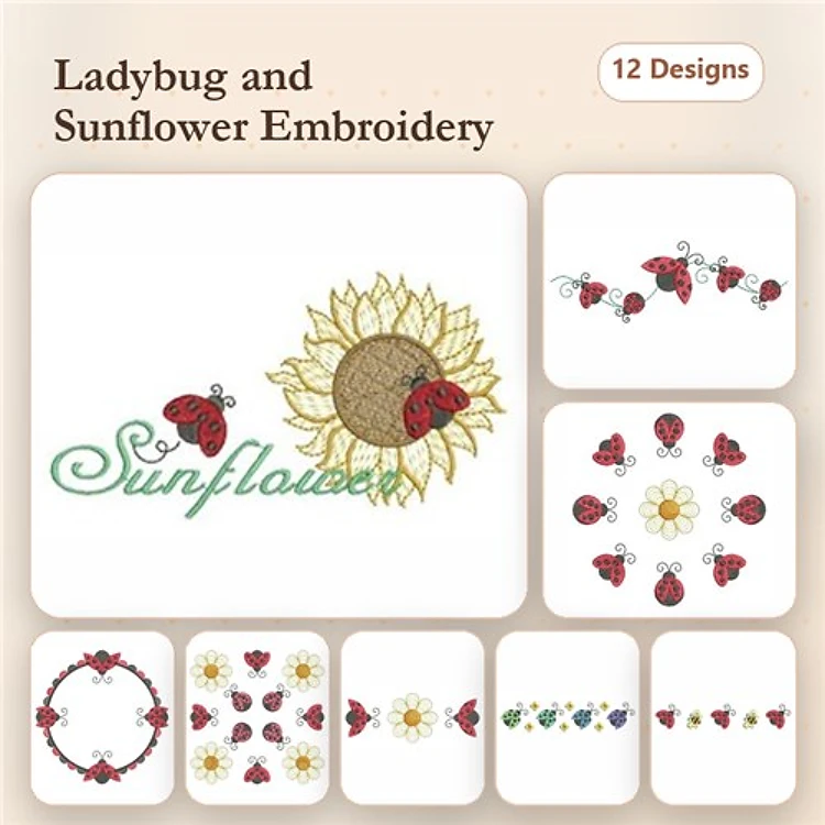 Ladybug & Sunflower Embroidery Designs Bundle – Ladybug with Sunflower, Floral Wreath with Ladybugs, & More (12 Designs)