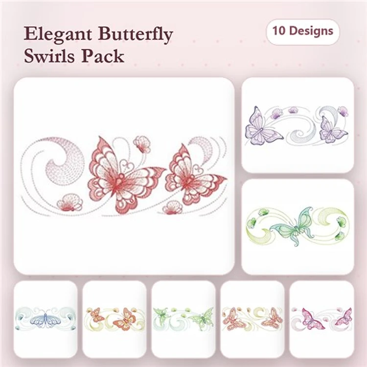 Rippled Butterfly Embroidery Designs Bundle – Butterfly Swirl, Elegant Butterfly with Circles, & More (10 Designs)