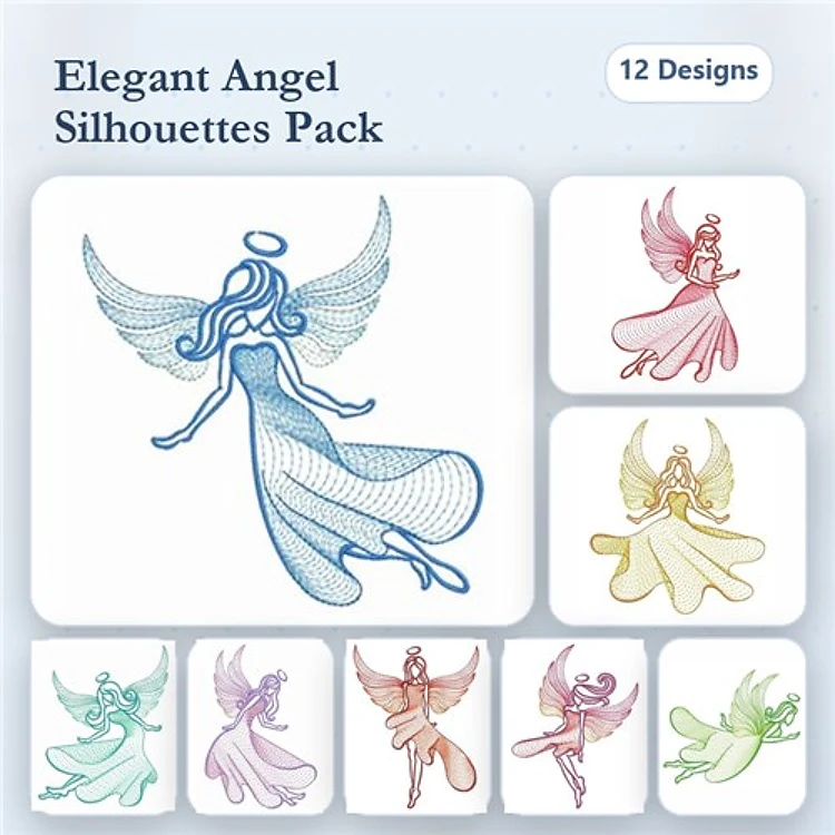 Rippled Elegant Angel Silhouettes Embroidery Designs Bundle – Elegant Angel in Blue, Pink, Yellow & More (12 Designs)