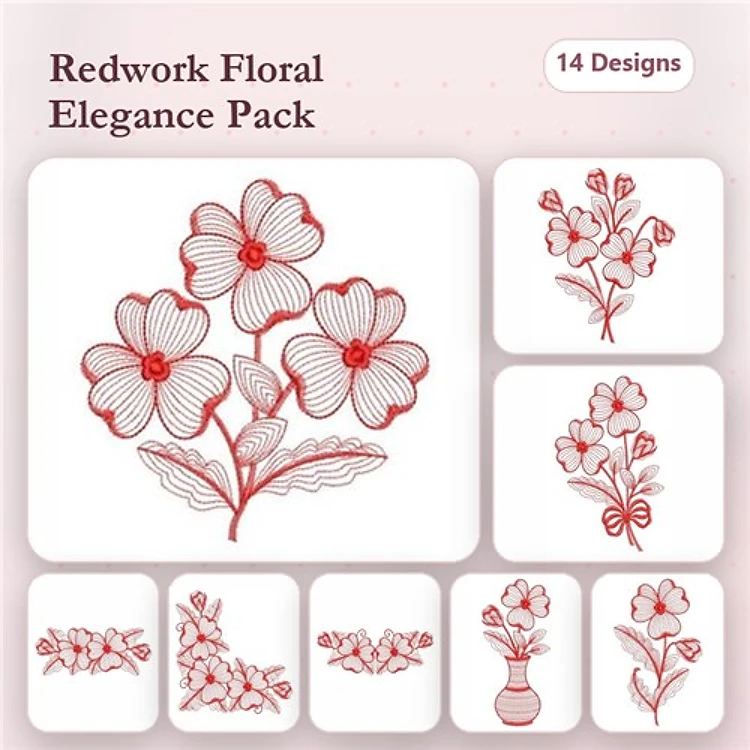 Redwork Floral Elegance Embroidery Bundle – Floral Bouquet with Heart Flowers, Vase with Flowers, Ornate Flower Cluster & More (14 Designs)