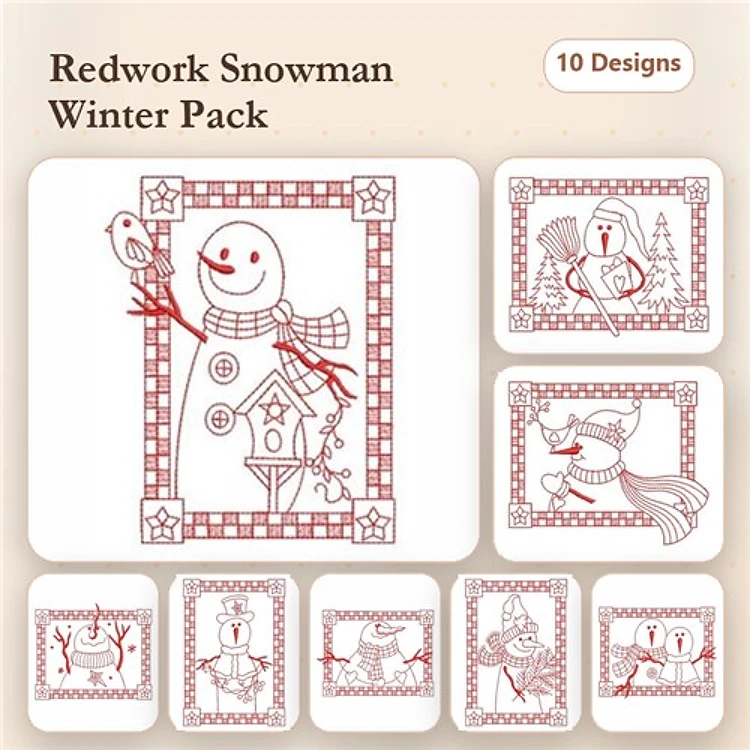 Redwork Snowman Embroidery Designs Bundle – Snowman with Birdhouse, Snowman Family, Snowman with Gifts & More (10 Designs)