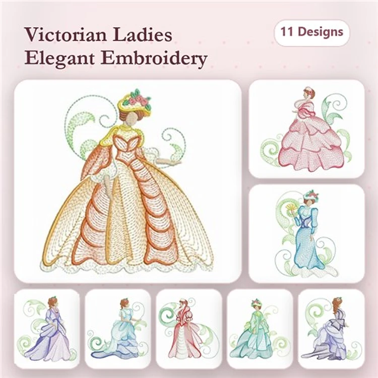 Rippled Victorian Ladies Embroidery Bundle – Elegant Dresses, Flowers, Fan & More (11 Designs)