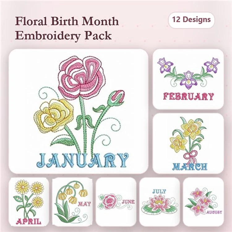 Floral Birth Month Embroidery Designs Bundle – January Flowers, February Flowers, March Flowers & More (12 Designs)