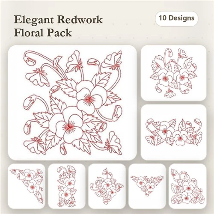 Redwork Floral Embroidery Bundle – Floral Bouquet, Single Bloom, Detailed Arrangement & More (10 Designs)