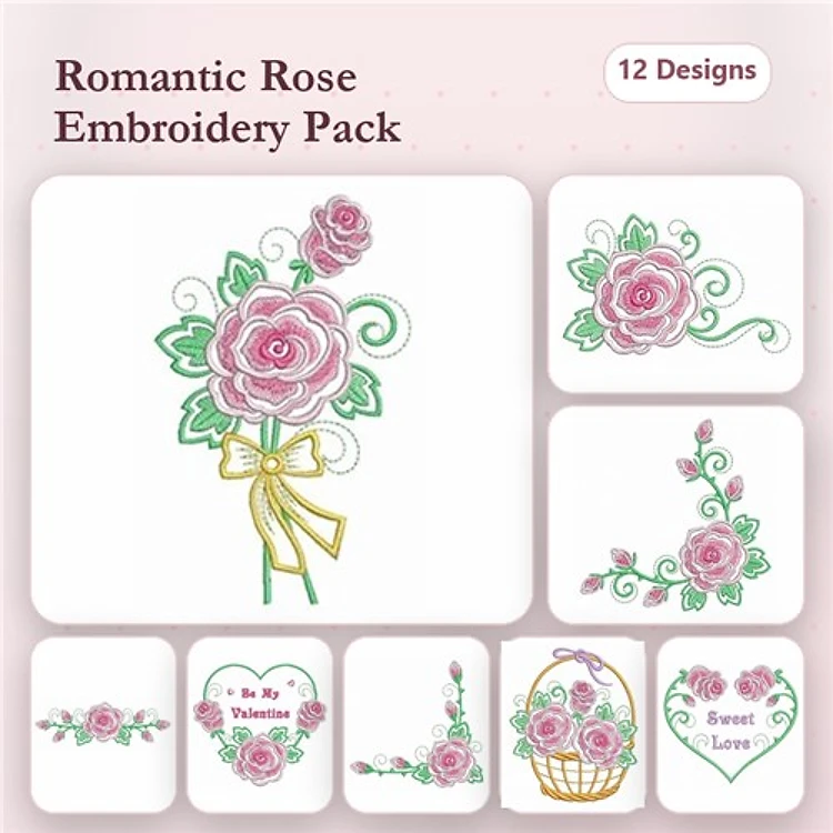 Romantic Roses Embroidery Designs Bundle – Rose Bouquet, Single Pink Rose, Rose with Ribbon & More (12 Designs)