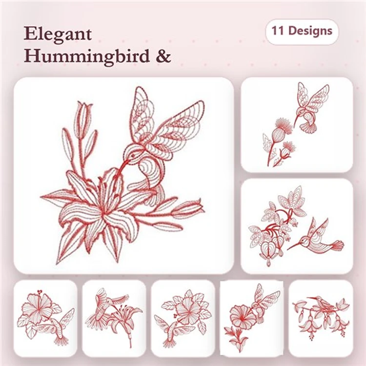 Redwork Hummingbird & Floral Embroidery Designs Bundle – Hummingbird Among Flowers, Floral Bouquet, Lily Blossom & More (11 Designs)