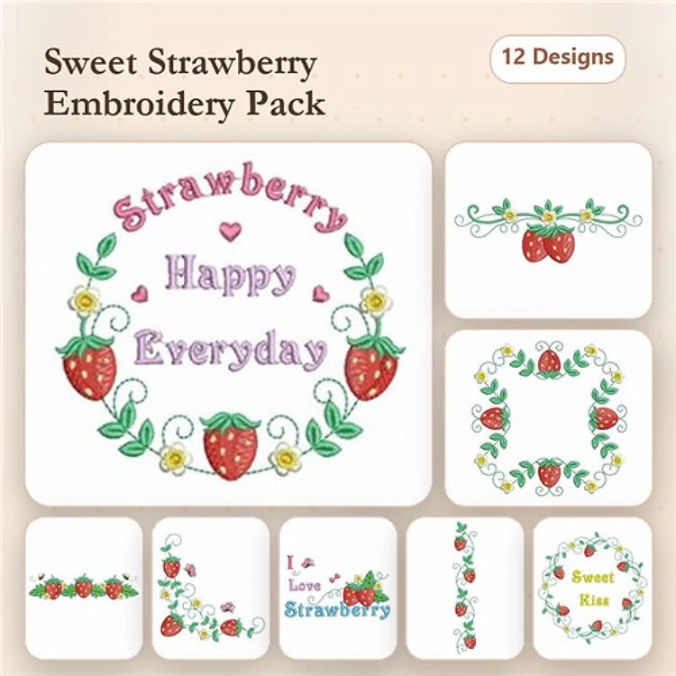 Strawberry & Floral Embroidery Designs Bundle – Wreath, Decorative Frame, Border & More (12 Designs)