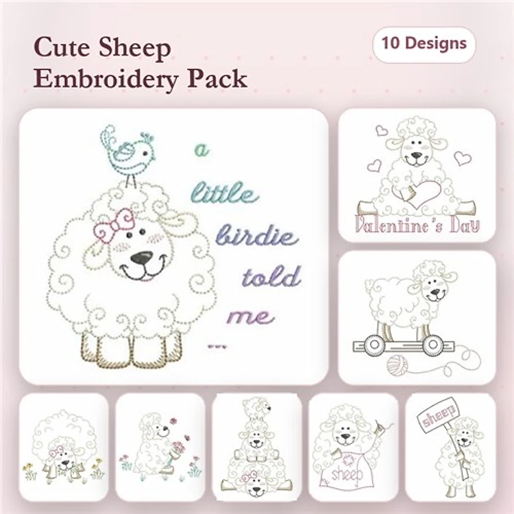 Redwork Cute Sheep Embroidery Designs Bundle – Sheep with Bird, Sheep with Heart, Sheep on Wagon & More (10 Designs)