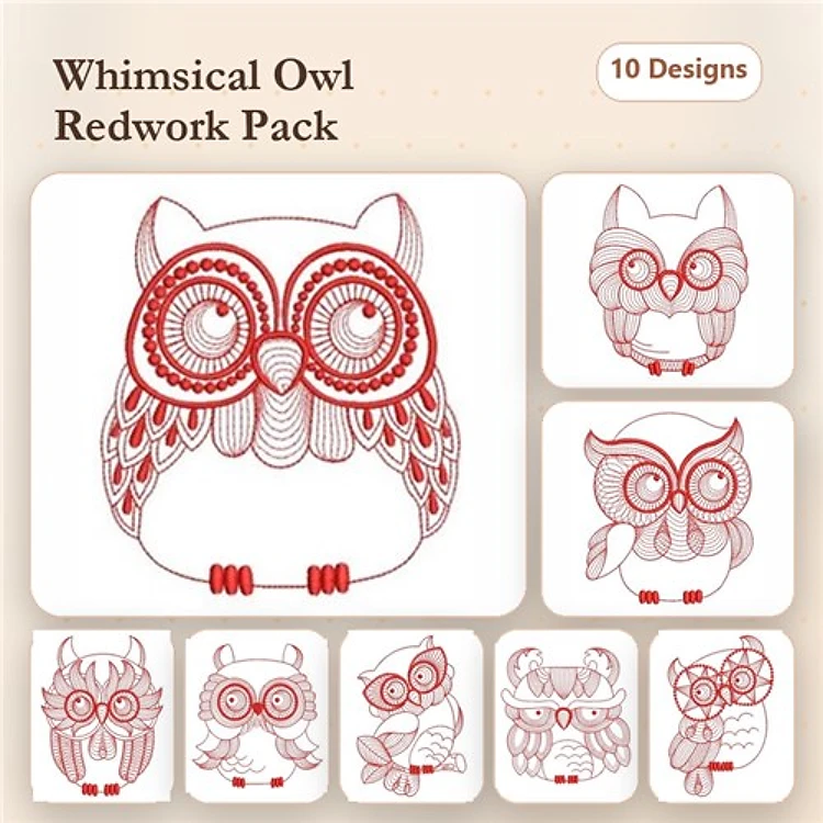 Redwork Rippled Owls 1