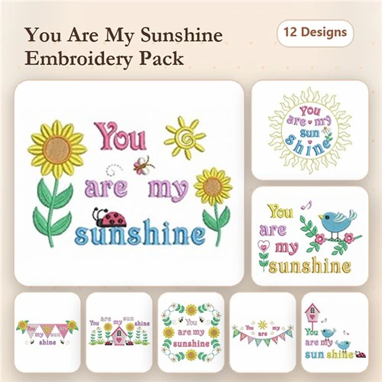You Are My Sunshine Embroidery Designs Bundle – Sunflowers, Ladybug, Sunshine Banner & More (12 Designs)