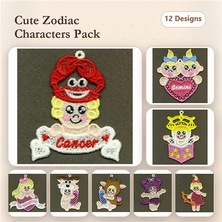 FSL Zodiac Character Embroidery Designs Bundle – Cancer, Gemini, Aries, Leo & More (12 Designs)