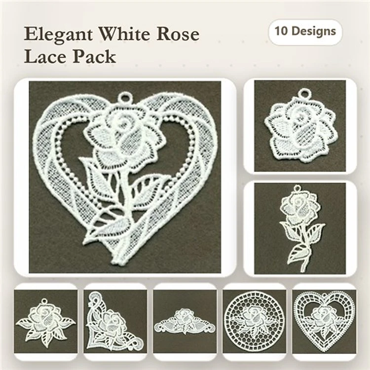 FSL White Rose Lace Embroidery Bundle – Rose Heart Ornament, Intricate Lace Heart, & More (10 Designs)