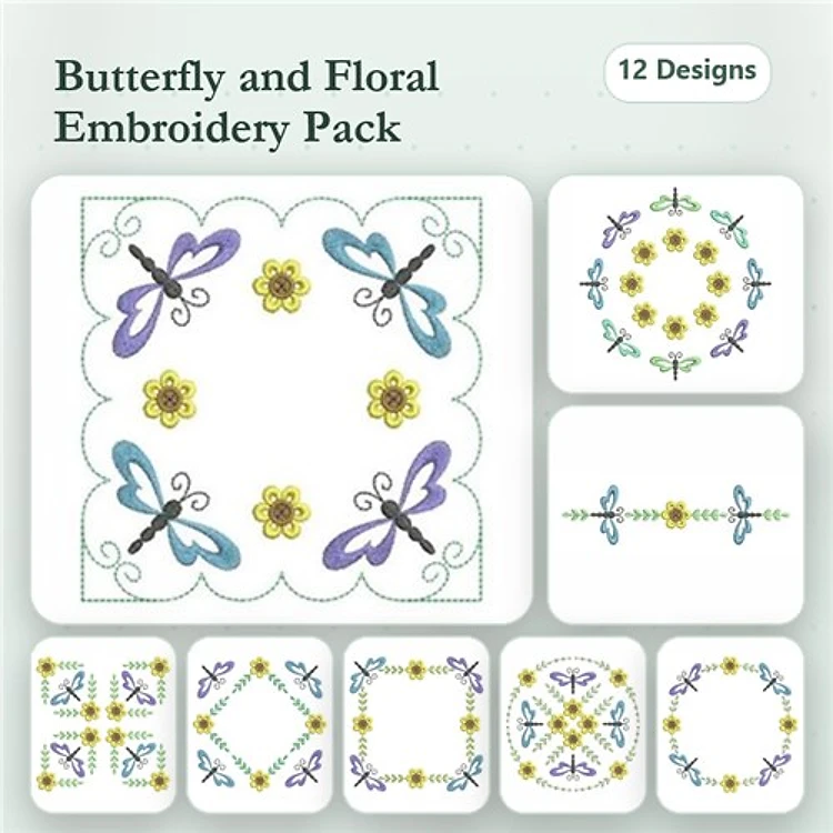 Butterflies & Floral Embellishments Embroidery Bundle – Flower Motif, Butterfly Frame, Floral Circle & More (12 Designs)