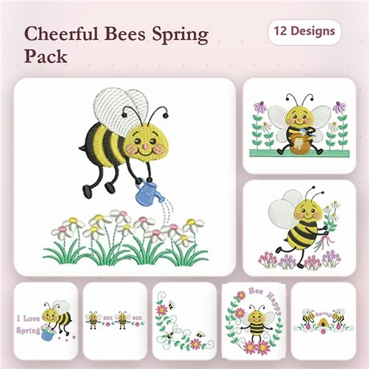 Cheerful Bees Embroidery Designs Bundle – Bee with Watering Can, Happy Bee with Flowers, Bee Among Flowers & More (12 Designs)