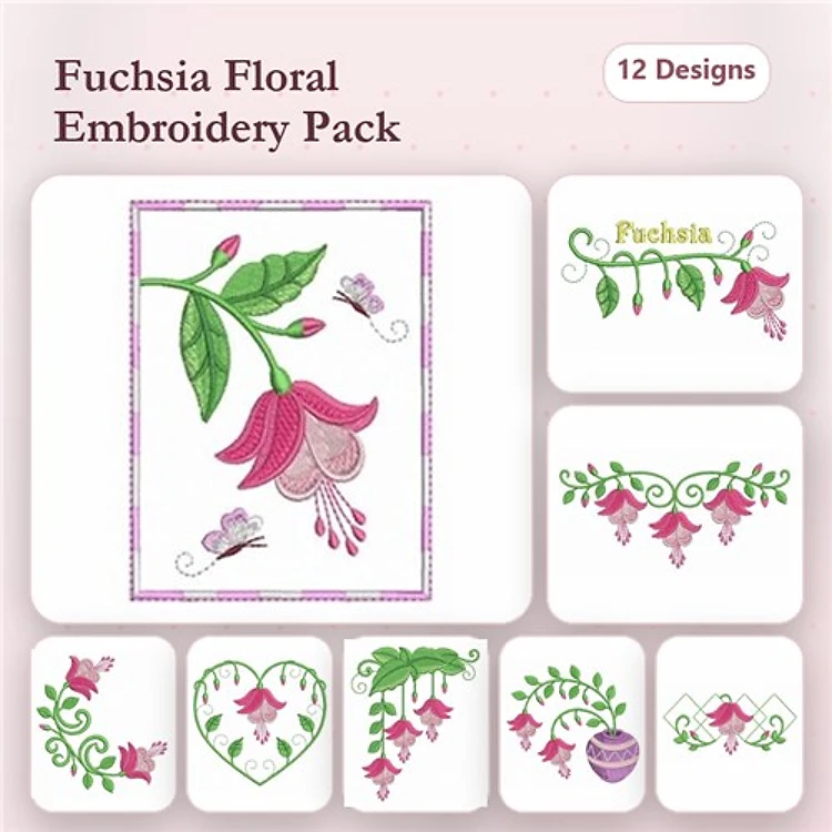 Fuchsia Floral Embroidery Designs Bundle – Flower, Vine, Heart, & More (12 Designs)