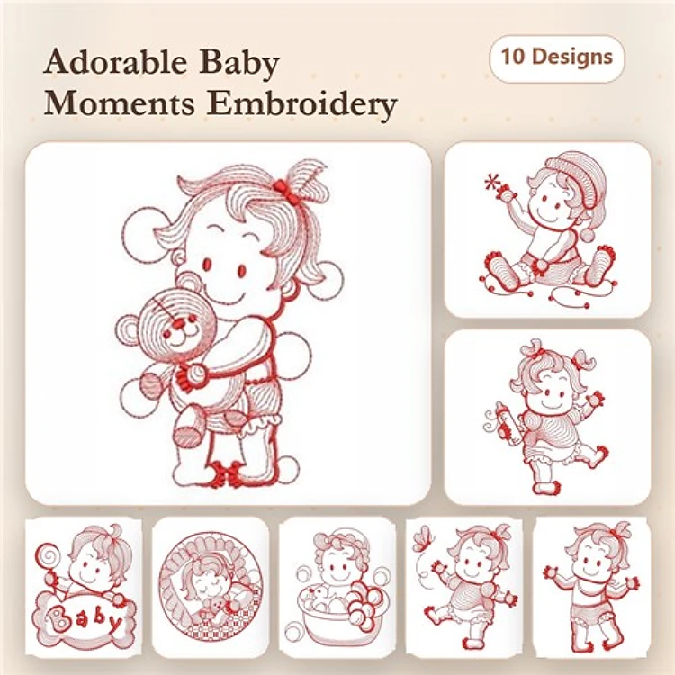 Redwork Adorable Baby Embroidery Designs Bundle – Child with Bear, Baby in Basket, Toddler with Duck & More (10 Designs)
