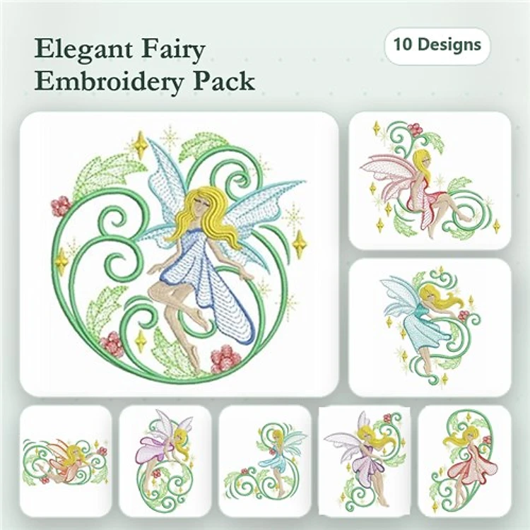 Rippled Elegant Fairy Embroidery Designs Bundle – Fairy with Flowers and Swirls, Fairy with Sparkles, & More (10 Designs)