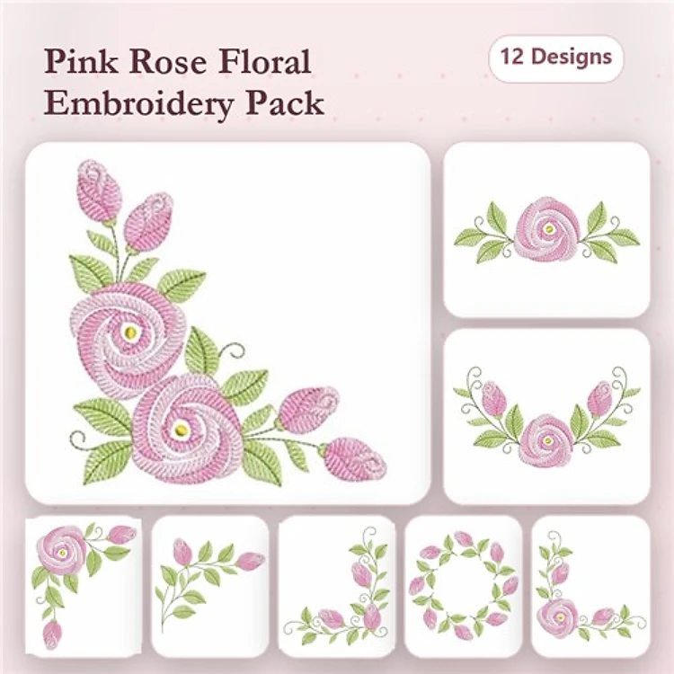 Pink Rose Floral Embroidery Designs Bundle – Two Pink Roses, Floral Corner Design, Pink Rose with Green Leaves & More (12 Designs)