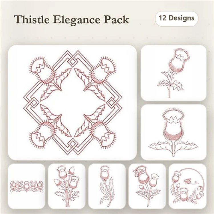 Redwork Thistle Embroidery Designs Bundle – Thistle Flower, Thistle Arrangement, Thistle Wreath & More (12 Designs)