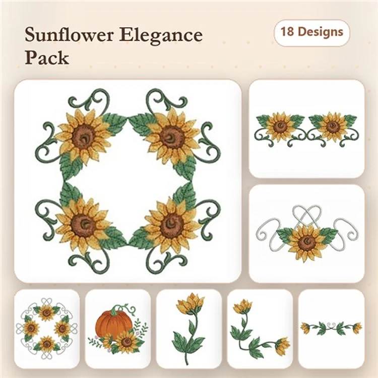 Sunflower Embroidery Designs Bundle – Square Frame, Vines, Pumpkin & More (18 Designs)