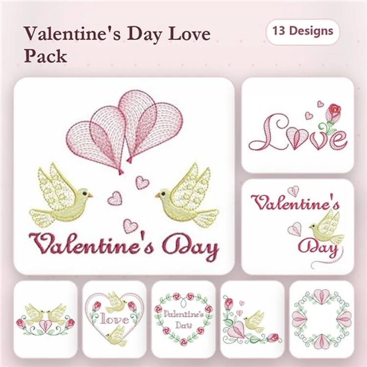 Rippled Valentine's Day Embroidery Designs Bundle – Heart with Wings, Love Birds, Love Heart Wreath & More (13 Designs)