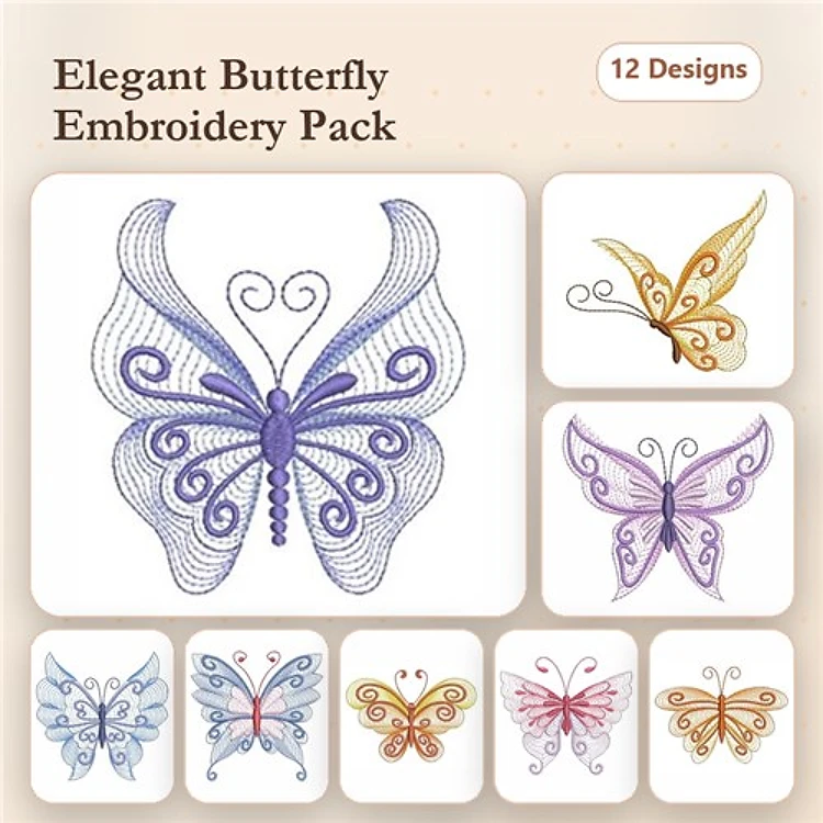 Rippled Elegant Butterfly Embroidery Bundle – Purple, Golden, Blue & More (12 Designs)
