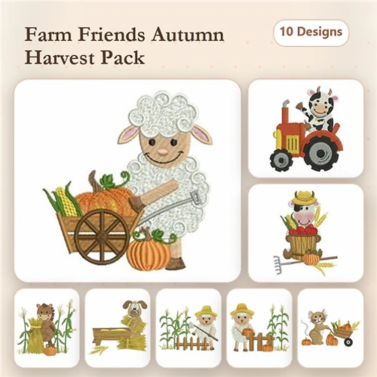 Farm Friends Autumn Harvest Embroidery Bundle – Seasonal Designs (10 Designs)