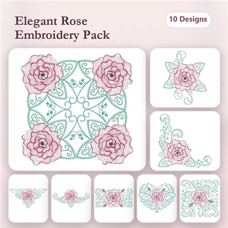 Rippled Elegant Rose Embroidery Designs Bundle – Rose with Flourishes, Square Rose, Rose Corner Motif & More (10 Designs)