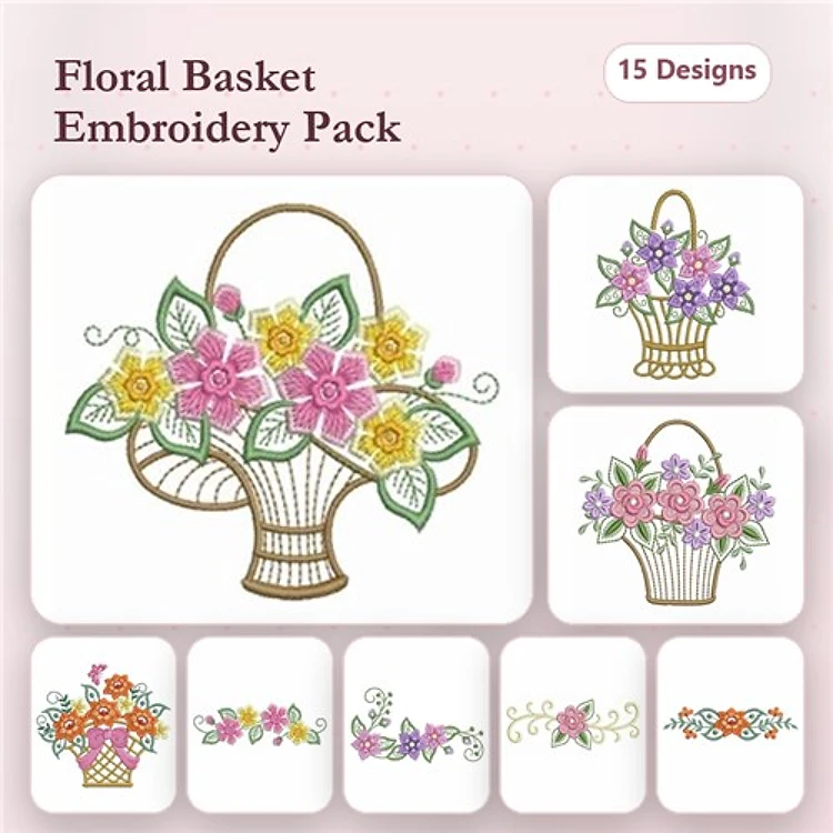 Floral Basket Embroidery Bundle – Pink, Yellow, Mixed Flowers, Arrangement & More (15 Designs)
