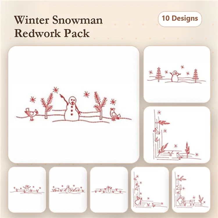 Redwork Winter Snowman Embroidery Designs Bundle – Snowman with Christmas Tree, Snowman with Present, & More (10 Designs)
