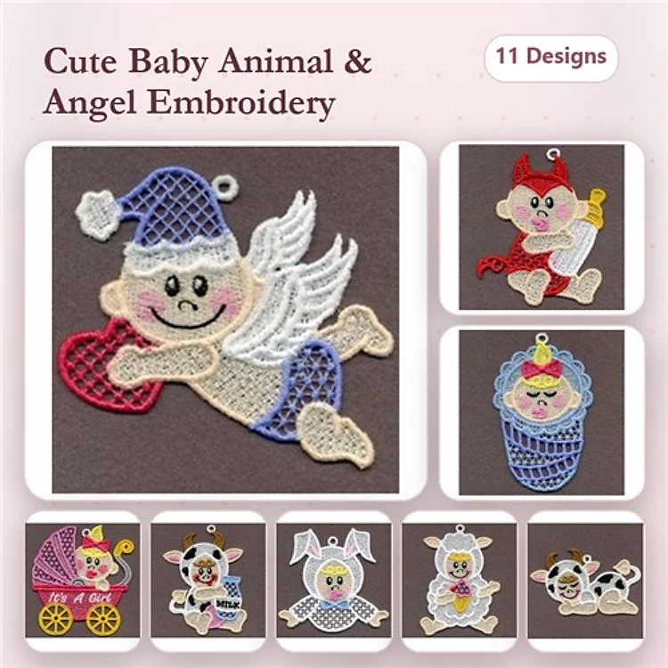 FSL Cute Baby Animals & Angels Embroidery Designs Bundle – Angel with Heart, Devil Baby, Baby in a Stroller & More (11 Designs)