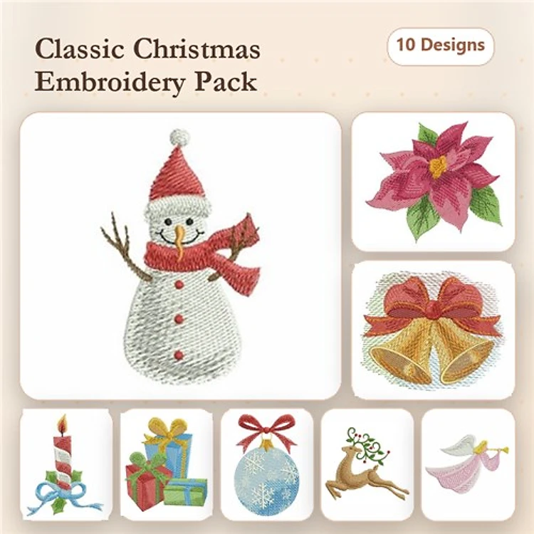 Christmas Cheer Embroidery Designs Bundle – Snowman, Poinsettia, Bows, Holiday Bells & More (10 Designs)